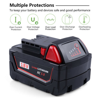 18V 5.0Ah Li-Ion 48-11-1850 Replacement Battery For Milwaukee M18 - 2packs