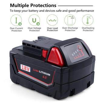 18V 6.0Ah Li-Ion 48-11-1860 Replacement Battery For Milwaukee M18 - 4packs